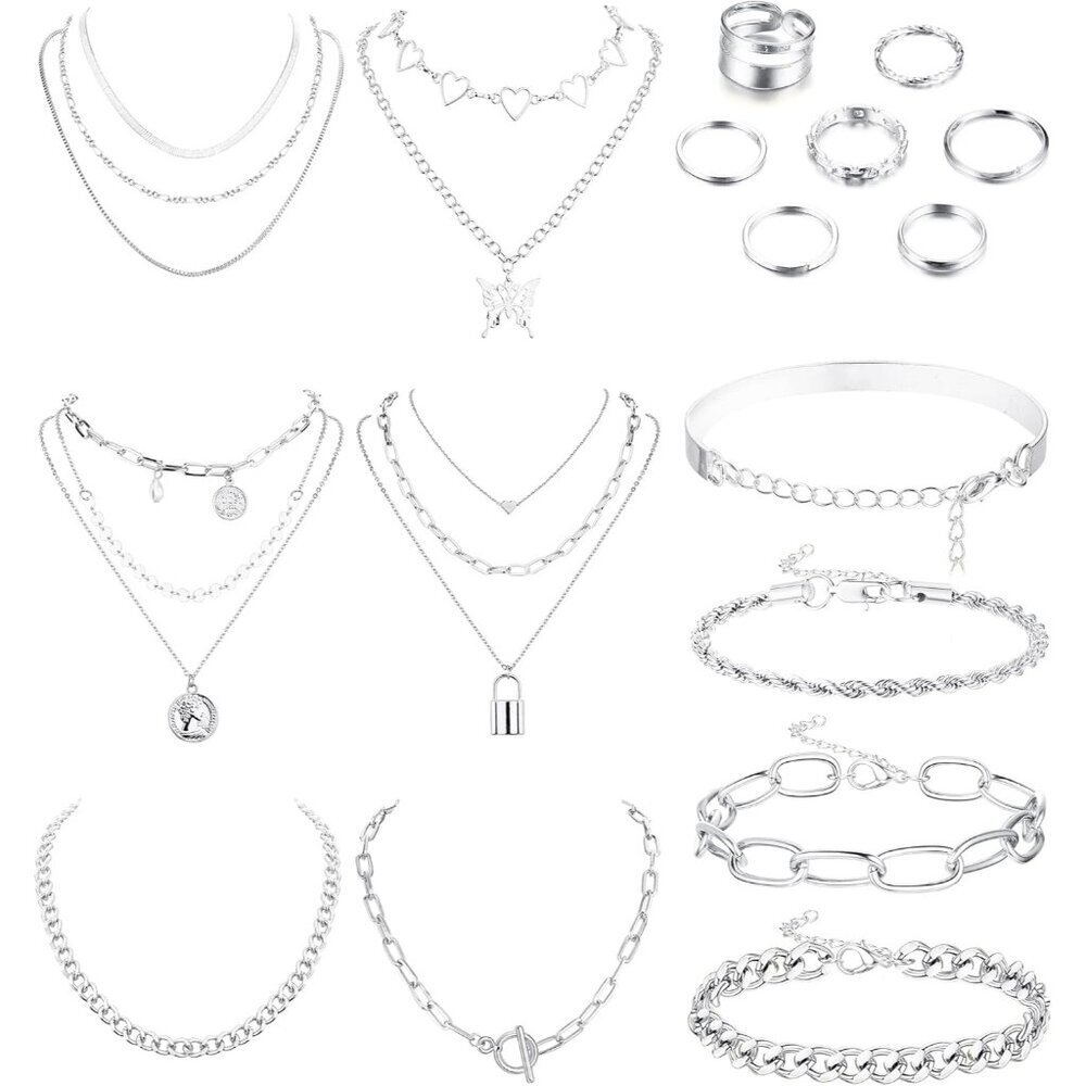 Jewelry Set for Women Silver Necklace Bracelets Rings Costume Accessories